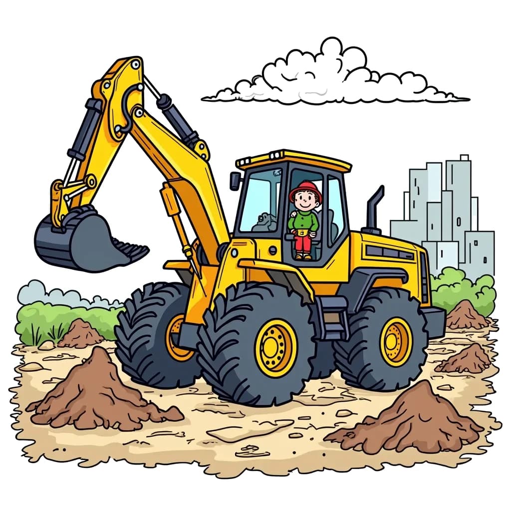 Coloring Page (colored): Digger Truck at a Construction Site - A digger truck digging into the ground at a construction site, surrounded by dirt piles and building materials.