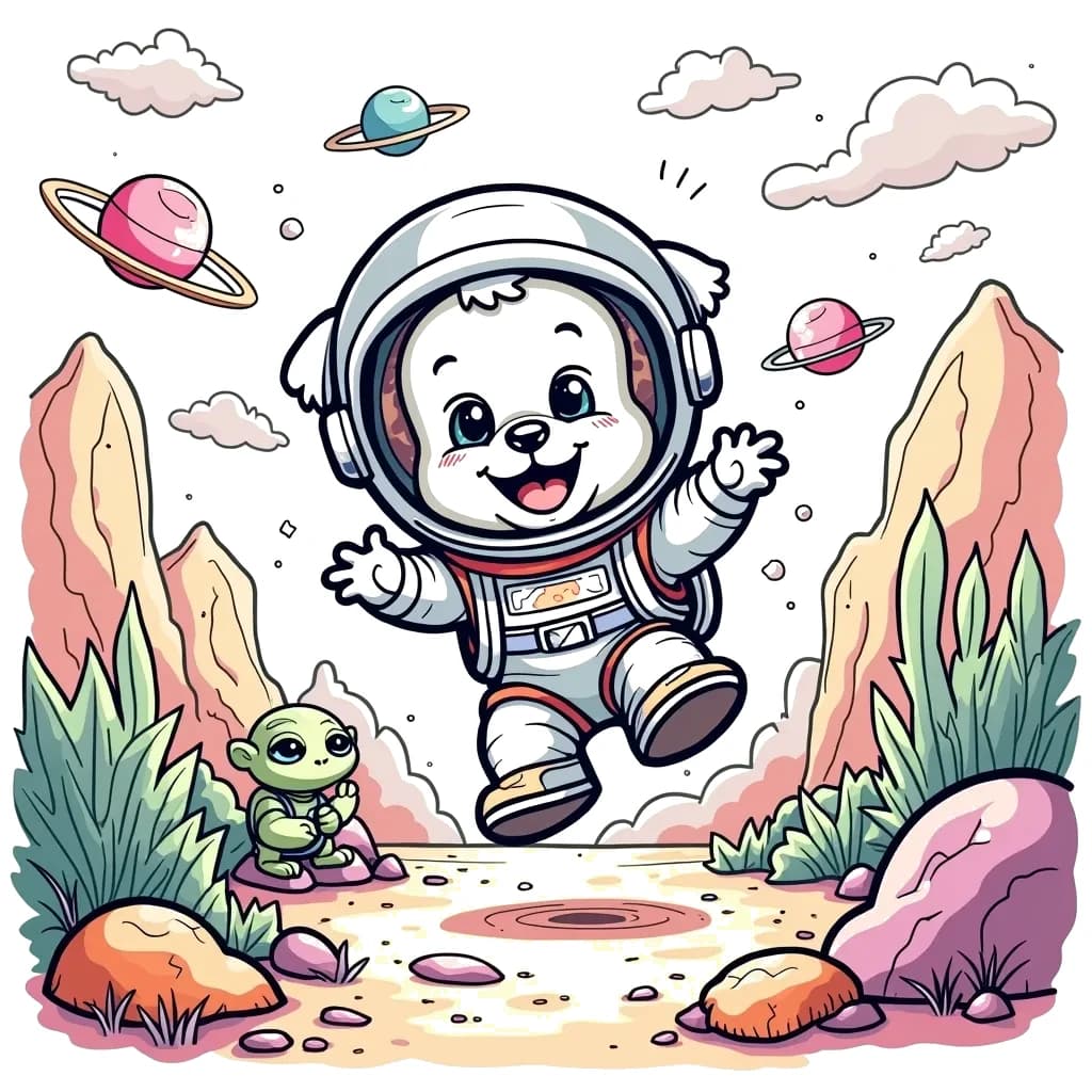 Coloring Page (colored): Puppy Space Explorer - A cute puppy wearing a tiny space helmet joyfully bounces on the surface of a colorful alien planet, with big, fluffy plants around and a friendly alien peeking from behind a rock.