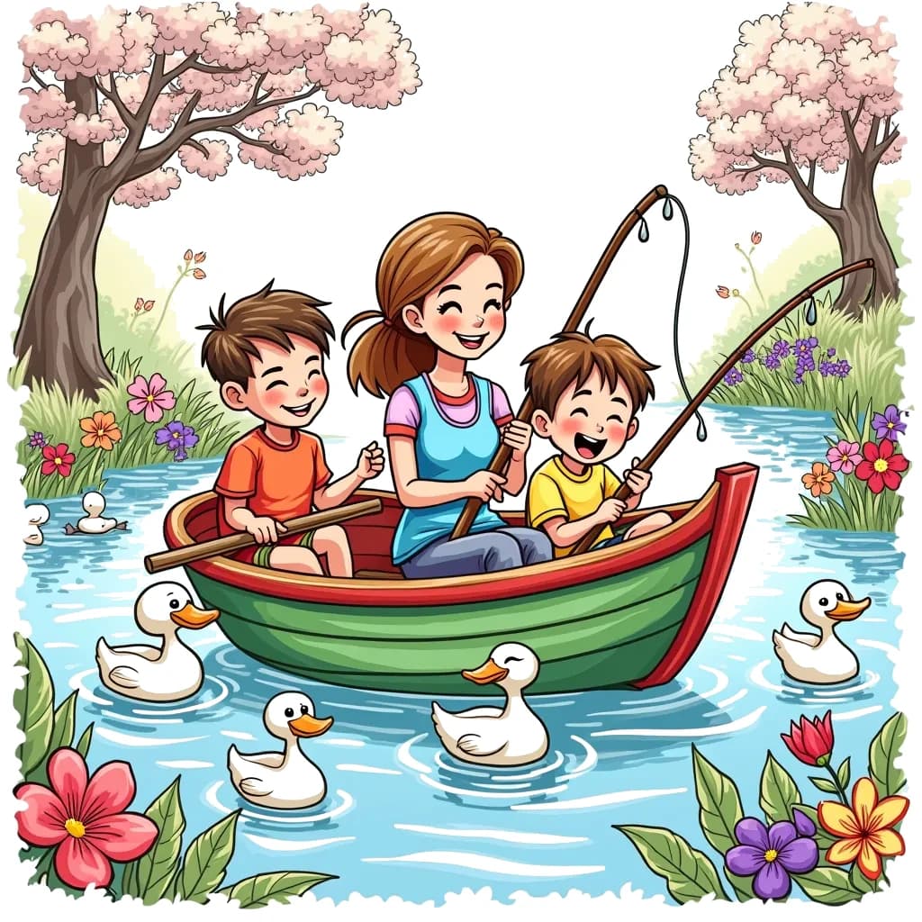 Coloring Page (colored): Family Fishing Adventure - A cheerful family in a colorful fishing boat, laughing and having a great time. They are surrounded by ducks swimming nearby, and one of the children is holding a fishing rod, waiting for a bite. The lake is surrounded by lush greenery and blossoming flowers, creating a lively and fun atmosphere.