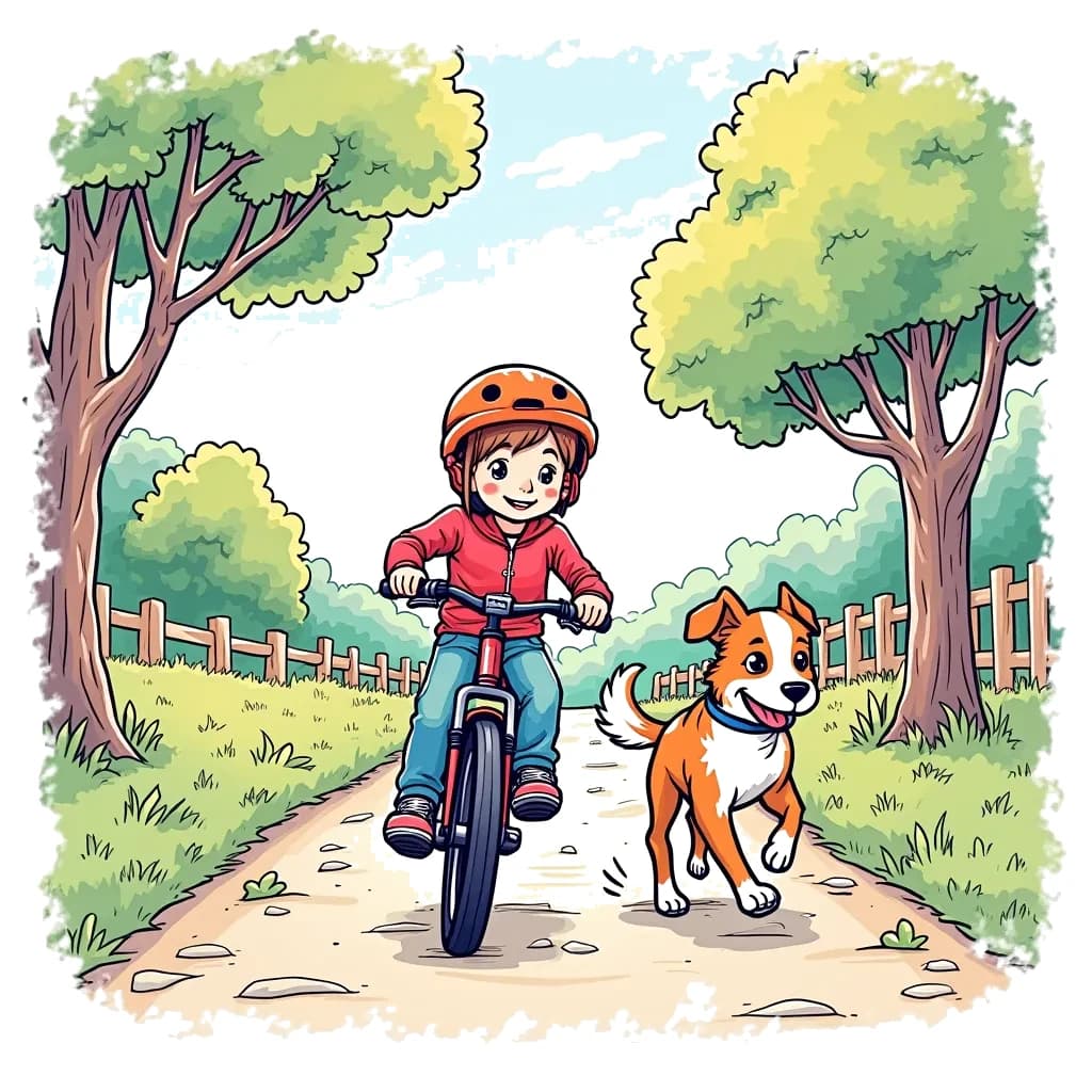 Coloring Page (colored): Bicycle Adventure - A child is riding a bicycle down a sunny path with trees on either side. A friendly dog runs alongside, enjoying the fun of the ride.