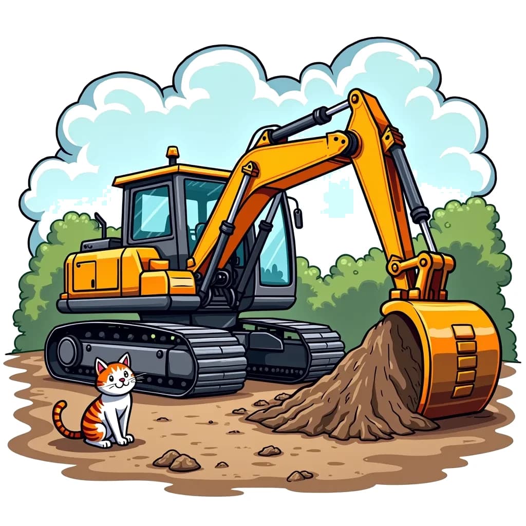 Coloring Page (colored): Excavator Adventure - An excavator is digging deep into the ground, with a curious cat watching from the side, fascinated by the digging process. The scene captures the excitement of construction with dirt flying and the cat's playful demeanor.