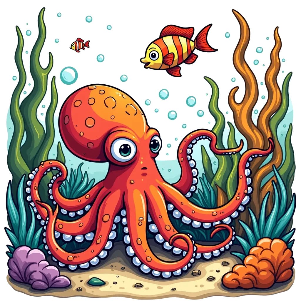 Coloring Page (colored): Octopus's Garden - A clever octopus camouflages among colorful sea plants, playfully hiding from a school of small fish that swim by.