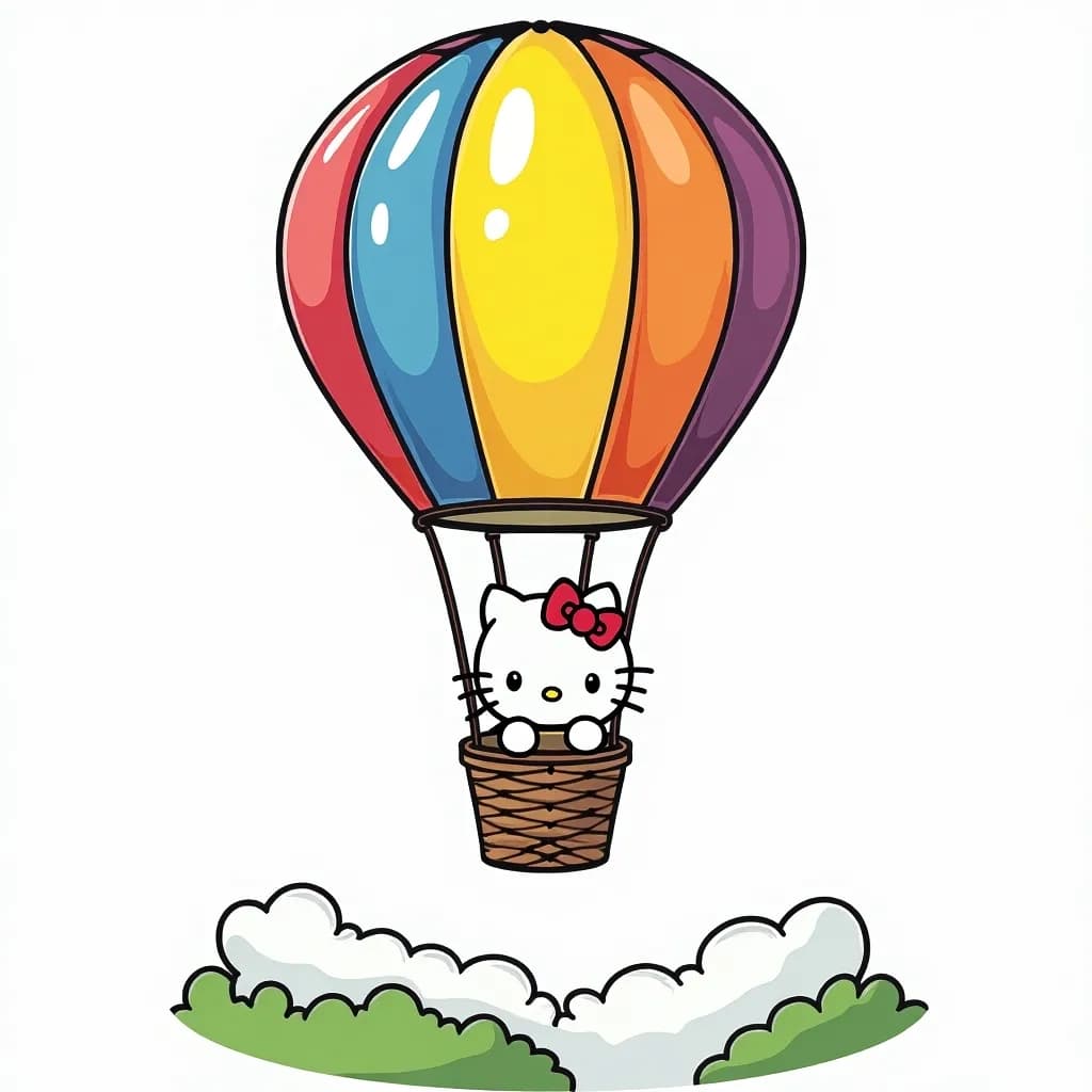 Coloring Page (colored): Hello Kitty in a Hot Air Balloon - Hello Kitty floating in a colorful hot air balloon above a snowy landscape, with soft clouds and snowy mountains in the distance. She smiles as she waves down at the snowy scene.