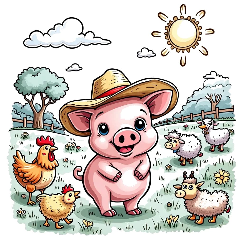 Coloring Page (colored): Pig's Farm Adventure - A cheerful pig wearing a straw hat is exploring the farm, surrounded by friendly animals like chickens, cows, and sheep, with a sunny sky overhead.