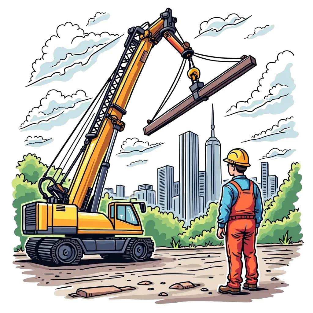 Coloring Page (colored): Craning It Up - A crane is lifting a huge steel beam high into the air while a safety helmet-wearing worker watches closely. The skyline of a city can be seen in the background.