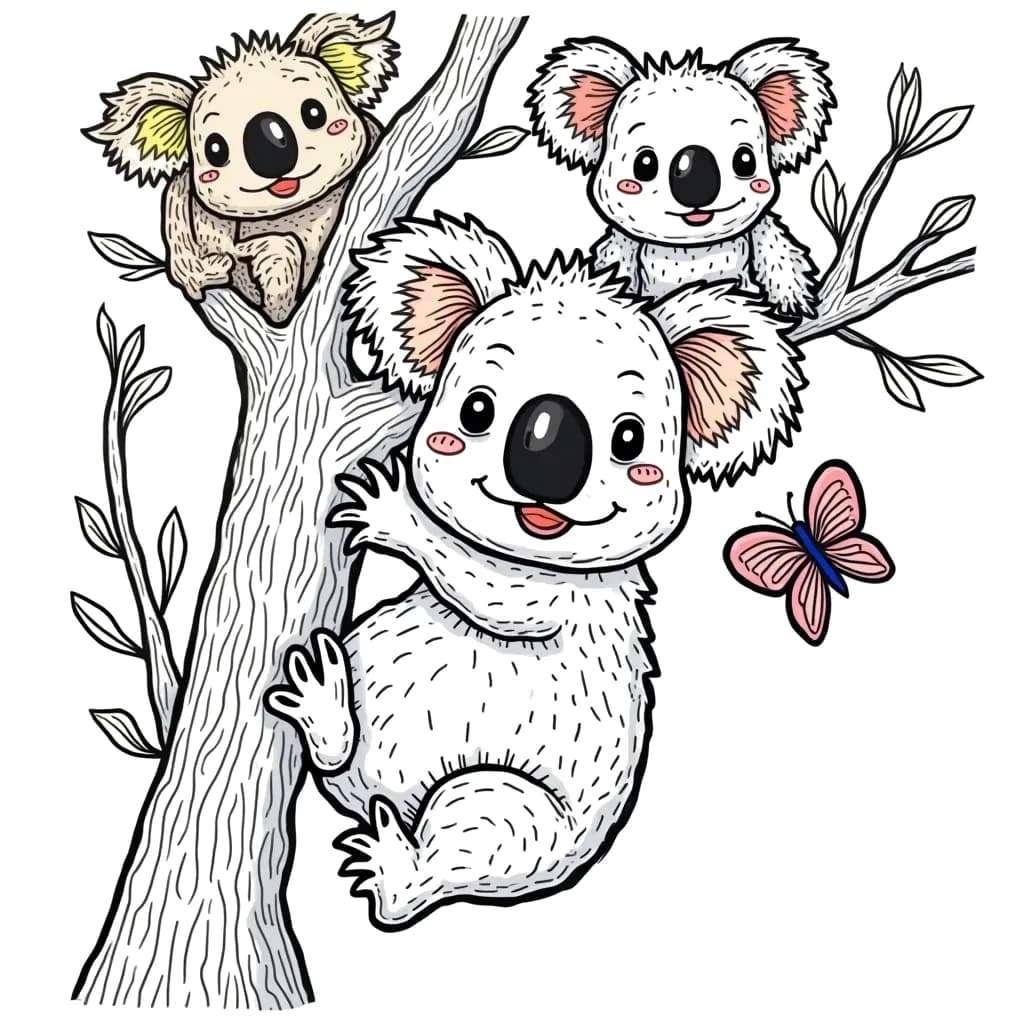 Coloring Page (colored): Koala's Adventure in a Tree - A cheerful koala hangs upside down from a eucalyptus tree, playfully reaching for a nearby colorful butterfly, while its friends watch from the branches above.