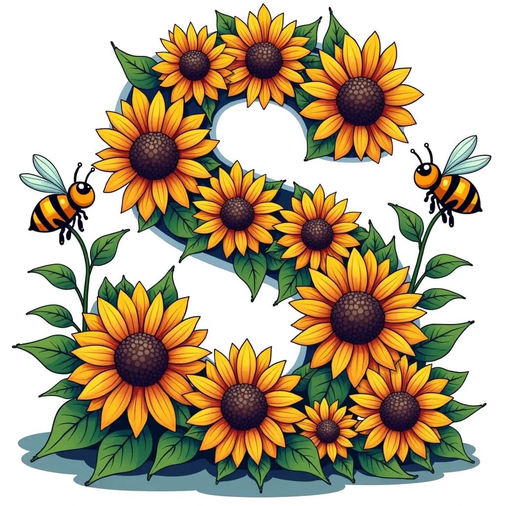 Coloring Page (colored): S and Sunflower - A sunny letter S surrounded by bright sunflowers, with a cheerful bee buzzing around.