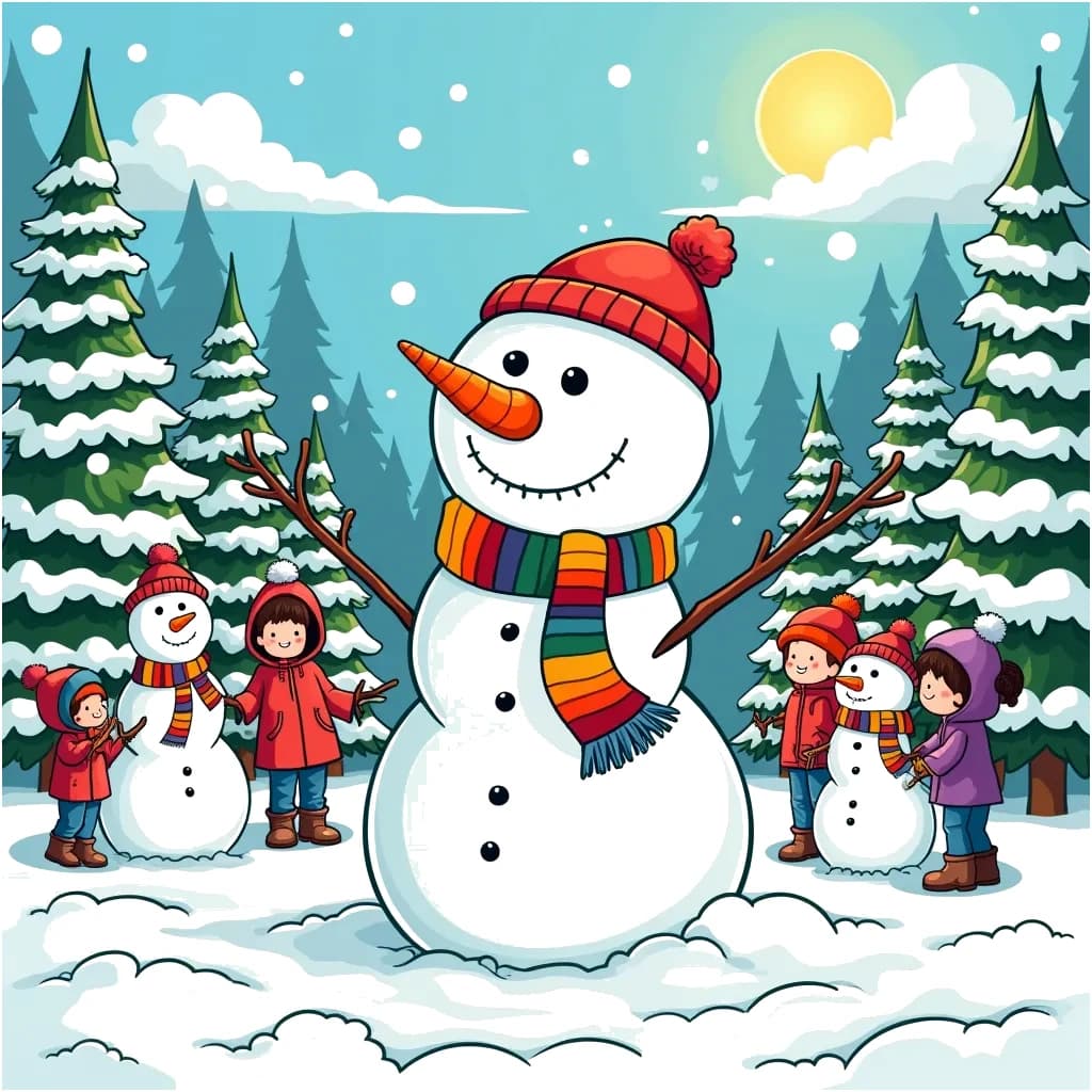 Coloring Page (colored): Winter Fun in the Park - A cheerful snowman with a bright orange carrot nose and a scarf made of colorful fabric stands in the middle of a snowy park. The park is filled with tall evergreen trees covered in fluffy white snow, with the sun shining down to create a warm golden glow. Children in vibrant red and blue jackets are building more snowmen nearby, their cheeks rosy from the cold. The sky is a brilliant azure blue with a few fluffy white clouds floating by.