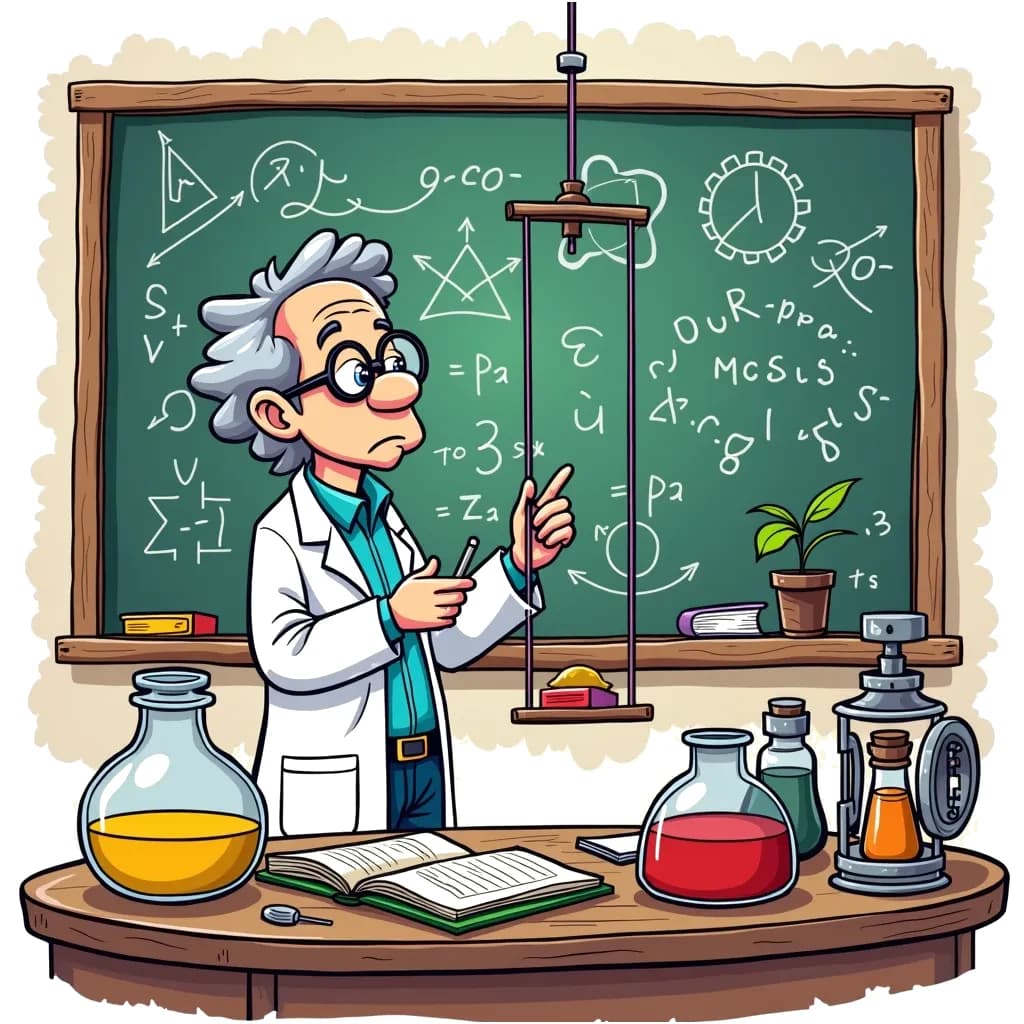 Coloring Page (colored): The Physicist's Experiment - A physicist is conducting a fun experiment with a pendulum and a colorful backdrop of equations and physics diagrams drawn on a chalkboard.