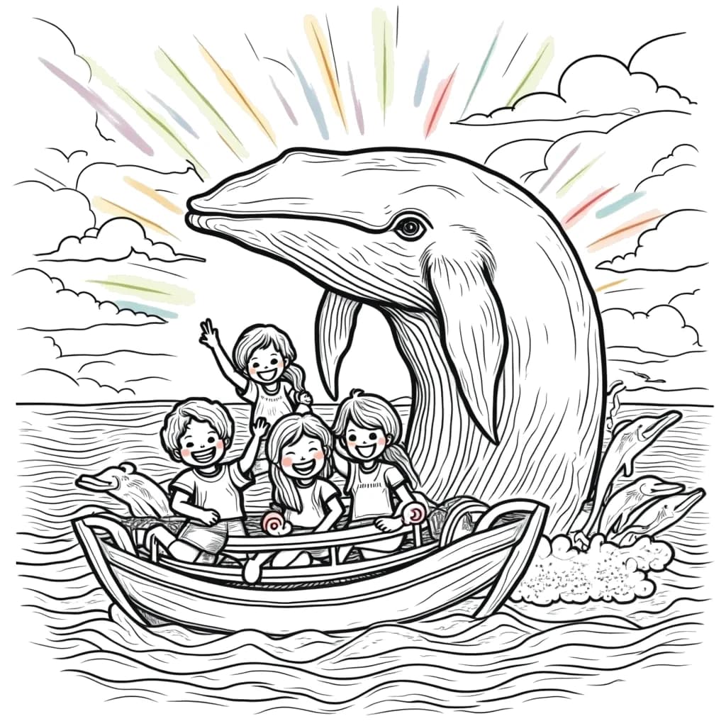 Coloring Page (colored): Whale Watching - A majestic whale breaches the ocean surface, splashing water and creating rainbows in the mist. On a small boat, a delighted family points and watches in awe, surrounded by cheerful dolphins.