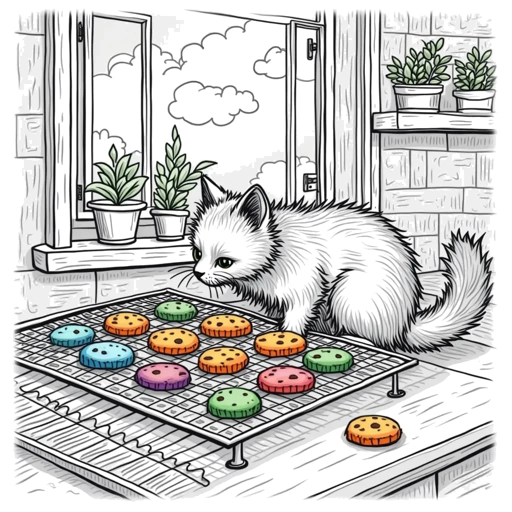 Coloring Page (colored): Cat and Catnip Cookies - A fluffy gray cat is curiously sniffing a batch of catnip cookies cooling on a cookie rack in a sunny kitchen. The windows are open, letting in a gentle breeze, and a few plants are on the windowsill. One cookie has rolled onto the floor, and the cat looks excitedly at it.