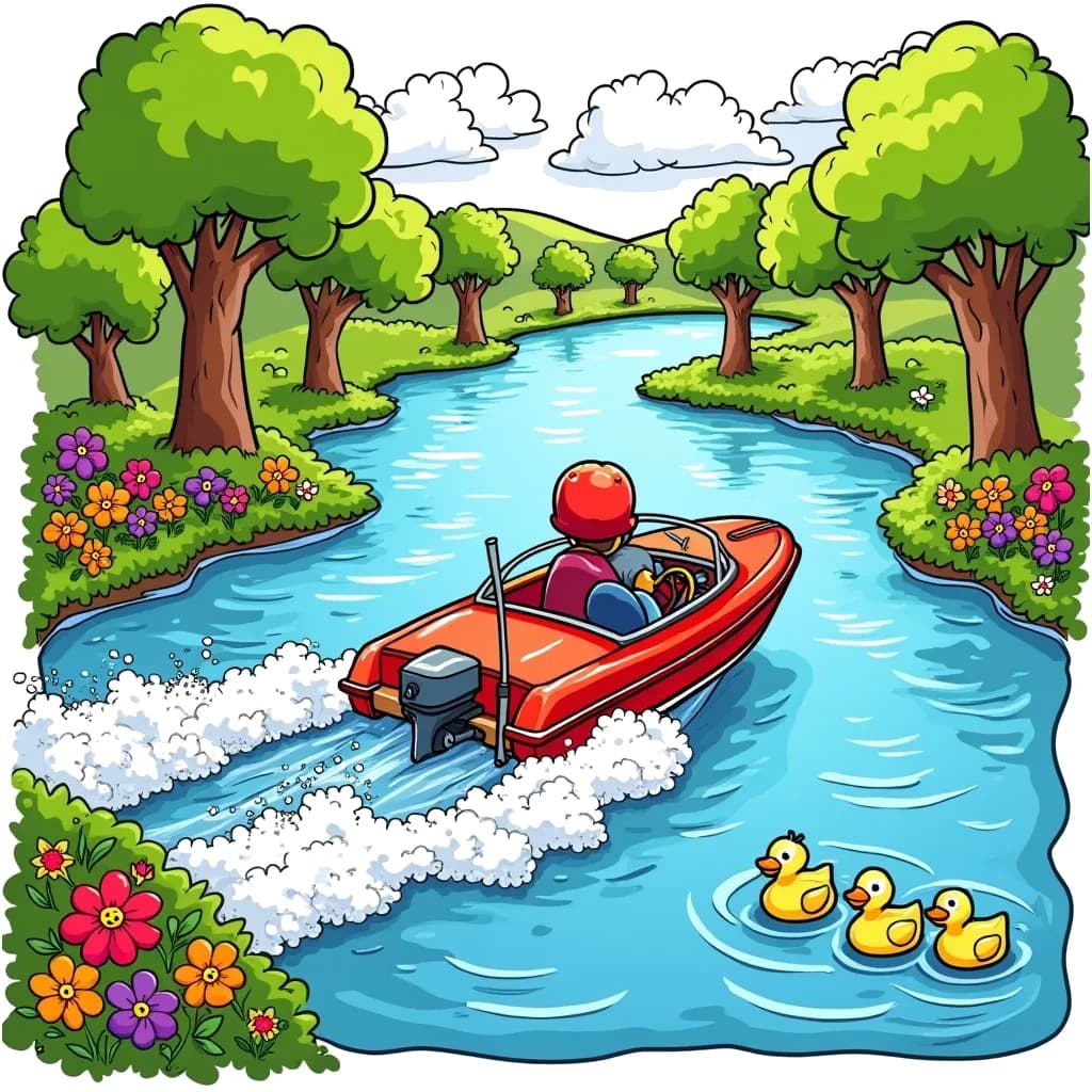 Coloring Page (colored): River Adventure - A lively motorboat speeding down a winding river surrounded by lush green trees and colorful flowers. Sprays of water are being splashed up from the back of the boat as it zips past a family of ducks swimming peacefully.