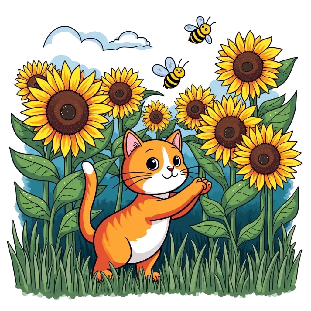 Coloring Page (colored): Cat in a Sunflower Field - A curious cat explores a vast field of sunflowers, playfully hiding between the tall stems and peeking out at a buzzing bee nearby.