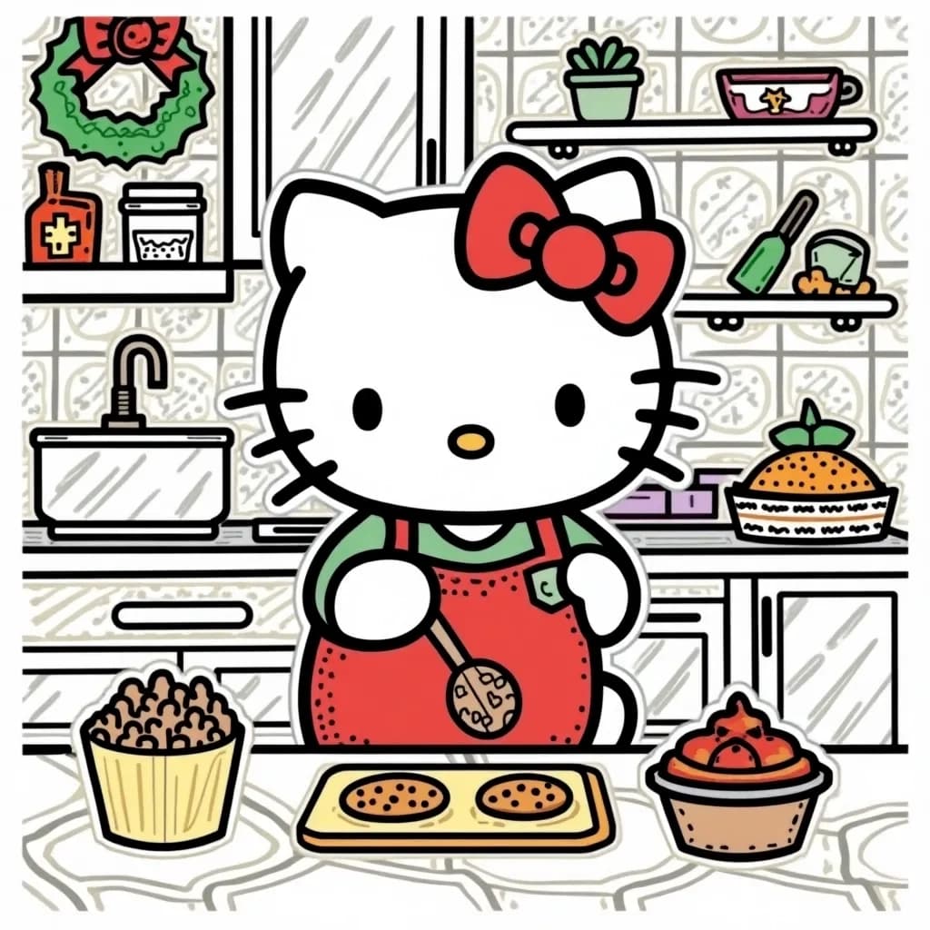 Coloring Page (colored): Hello Kitty Baking Holiday Treats - Hello Kitty baking holiday treats in a cozy kitchen, with flour scattered about and warm gingerbread cookies shaped like snowmen waiting to be decorated.