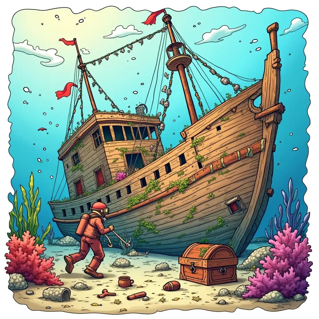 Coloring Page (colored): Sunken Ship Discovery - A diver investigating a mysterious, sunken ship resting on the ocean floor. The ship is partially covered in seaweed and barnacles, with fish swimming in and out of the broken hull. The diver is examining artifacts scattered around the wreck, such as an old treasure chest and pottery shards.