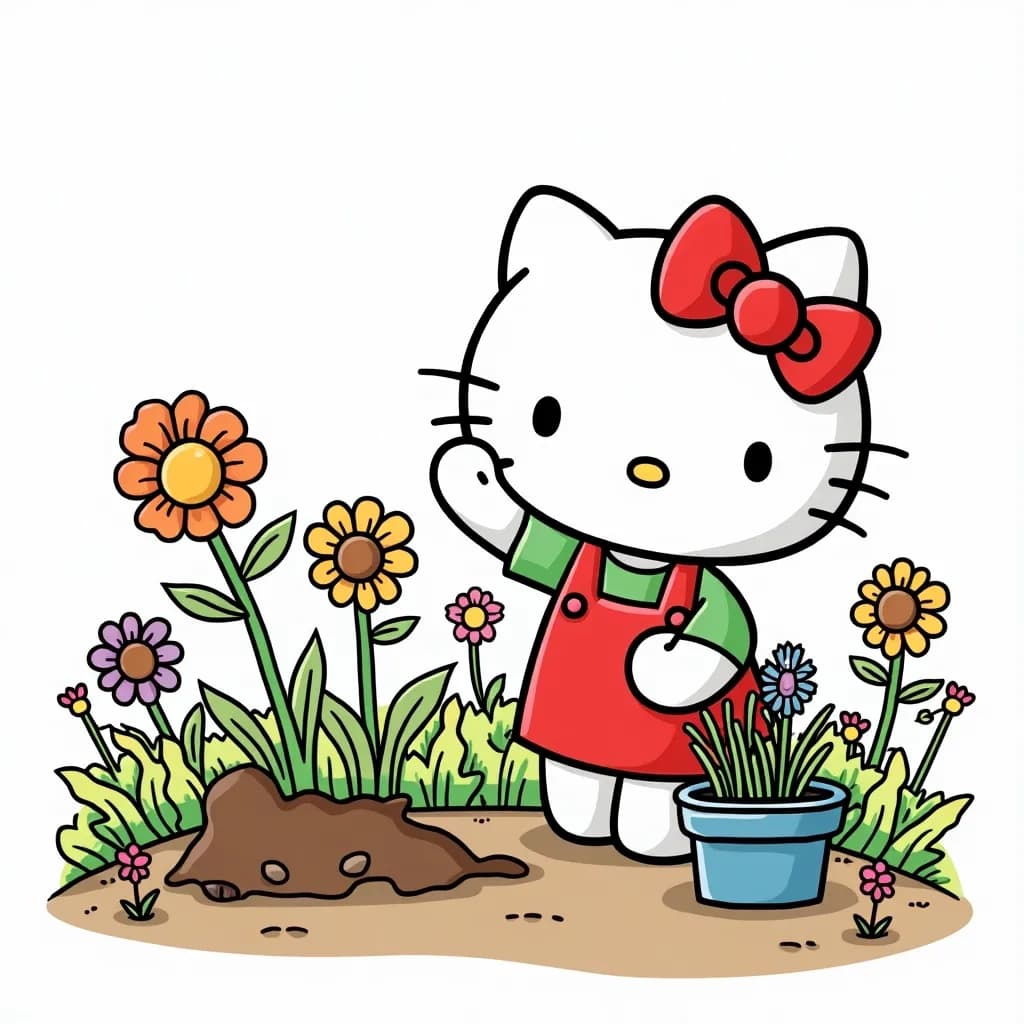 Coloring Page (colored): Hello Kitty Gardening Club - Hello Kitty planting flowers in a school garden, with colorful pots and bright flowers blooming all around, enjoying the sunshine.