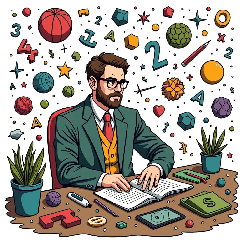 Coloring Page (colored): The Mathematician's Puzzle - A mathematician is sitting at a desk covered with numbers and geometric shapes, surrounded by floating digits and formulas that come to life around them.