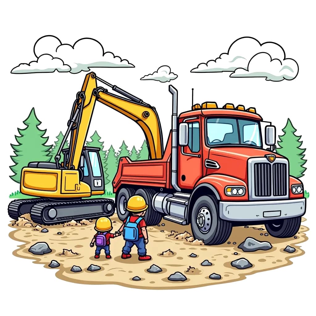 Coloring Page (colored): The Rescue Mission - A tow truck is pulling a broken down construction truck out of the mud, while a small excavator stands by cheering them on, ready to assist.