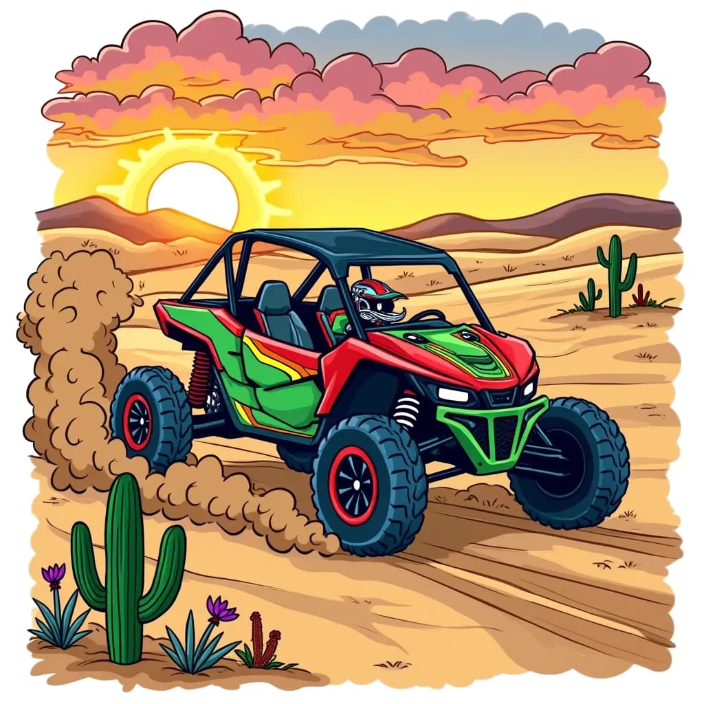 Coloring Page (colored): Dune Buggy Adventure - A colorful dune buggy racing across the sandy dunes, kicking up a cloud of dust behind it. The sun sets in the background, casting warm orange and pink hues across the sky. Cacti and sparse desert plants decorate the foreground.