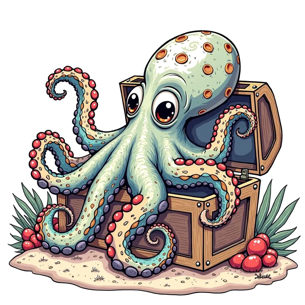 Coloring Page (colored): Octopus Hide and Seek - A curious octopus wrapped around a treasure chest, with only its eyes visible, peeking out from behind it, in a sandy seabed setting.