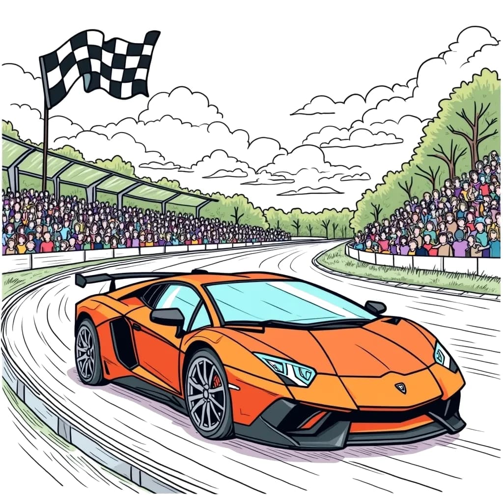 Coloring Page (colored): Sports Car on a Race Track - A sleek sports car is speeding around a race track, with cheering crowds in the stands and a checkered flag waving in the background.