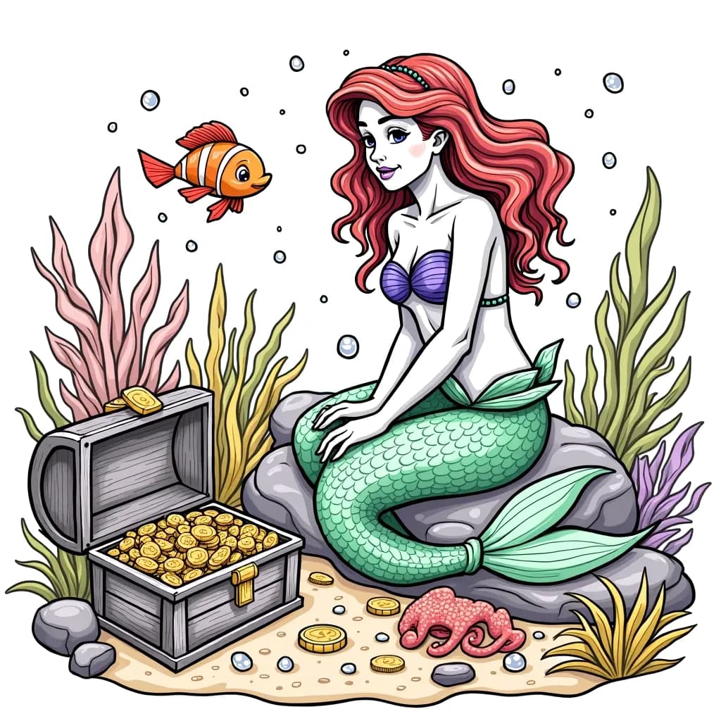 Coloring Page (colored): Mermaid's Treasure - A mermaid sits on a rock surrounded by treasure chests overflowing with gold coins and pearls. She is watching a playful pufferfish swim around her.