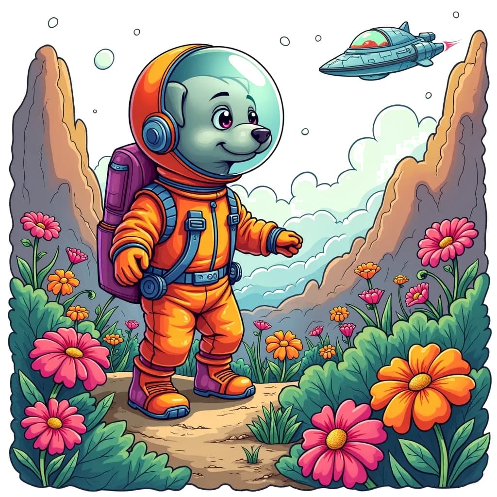 Coloring Page (colored): Astronaut Dog on a Planet - A brave dog in a space suit lands on a colorful alien planet, sniffing the exotic flowers while a distant spaceship hovers in the background.