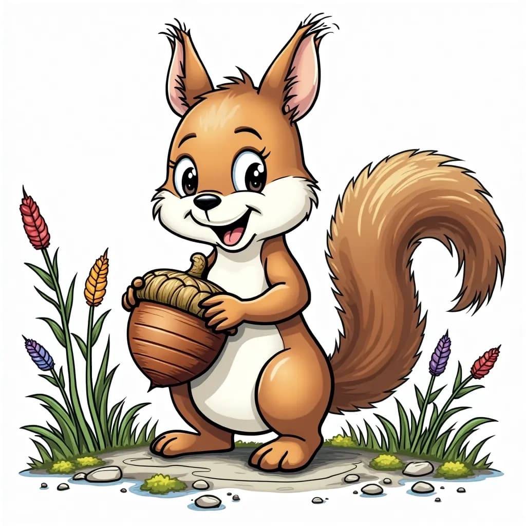 Coloring Page (colored): Squirrel's Acorn Adventure - A curious squirrel holding a giant acorn in its tiny paws, surrounded by a carpet of golden and orange leaves, with a bright blue sky peeking through the branches.