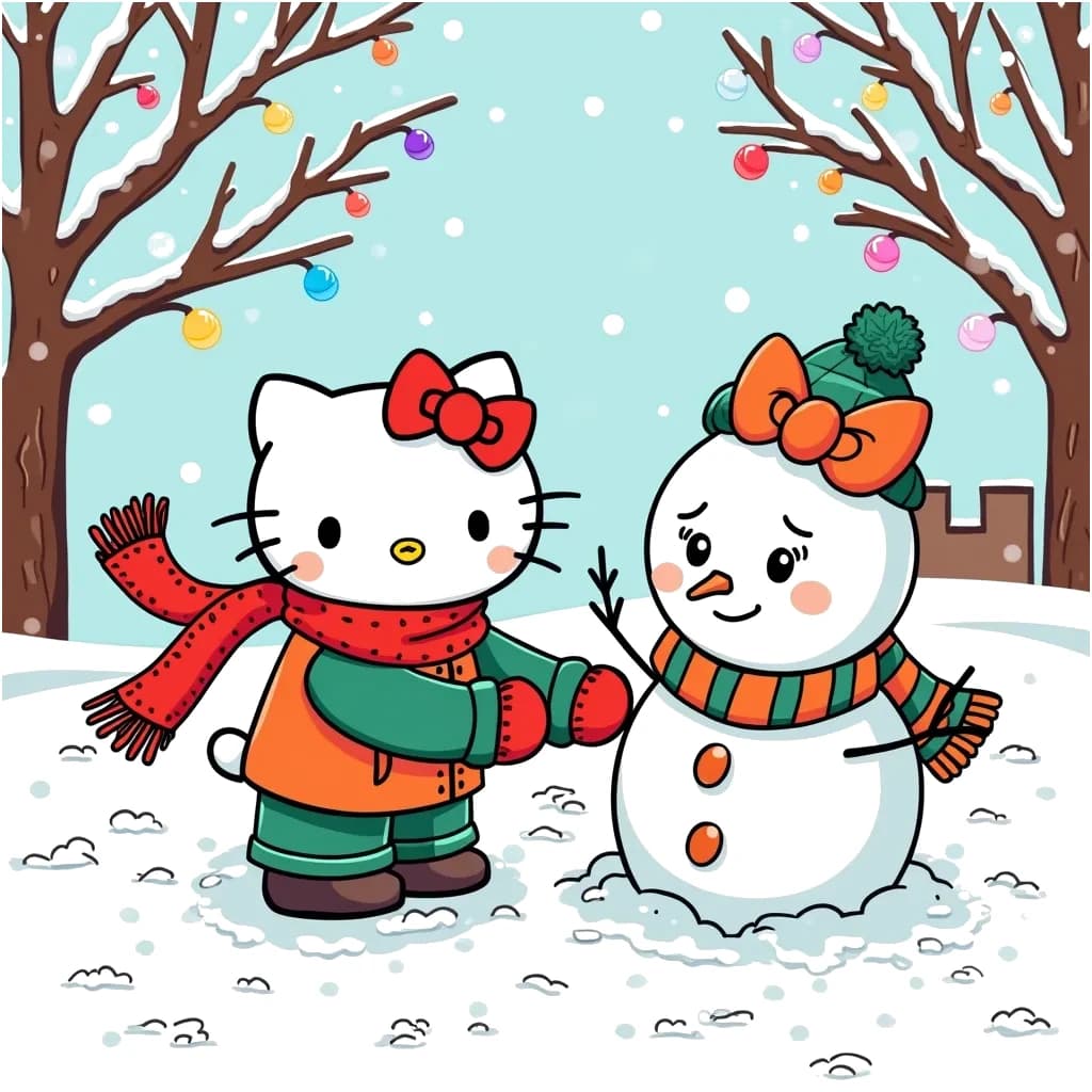 Coloring Page (colored): Hello Kitty's Winter Wonderland - A cheerful scene featuring Hello Kitty building a snowman in a snowy park. The snow is a bright white with soft blue shadows. Hello Kitty is wearing a bright red scarf and matching mittens. In the background, colorful holiday lights twinkle in trees that are dusted with snow, and there are soft pink and pastel blue snowflakes falling from the sky.