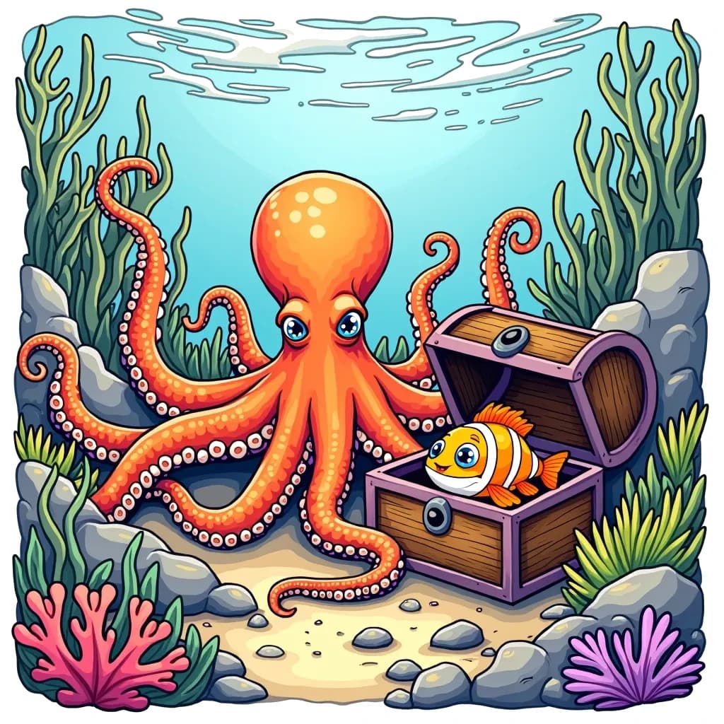 Coloring Page (colored): Octopus Hideaway - An octopus camouflages itself among the rocks of a sunken ship. Its tentacles are sprawled out, blending into the environment while a curious little fish peeks out from behind a treasure chest.