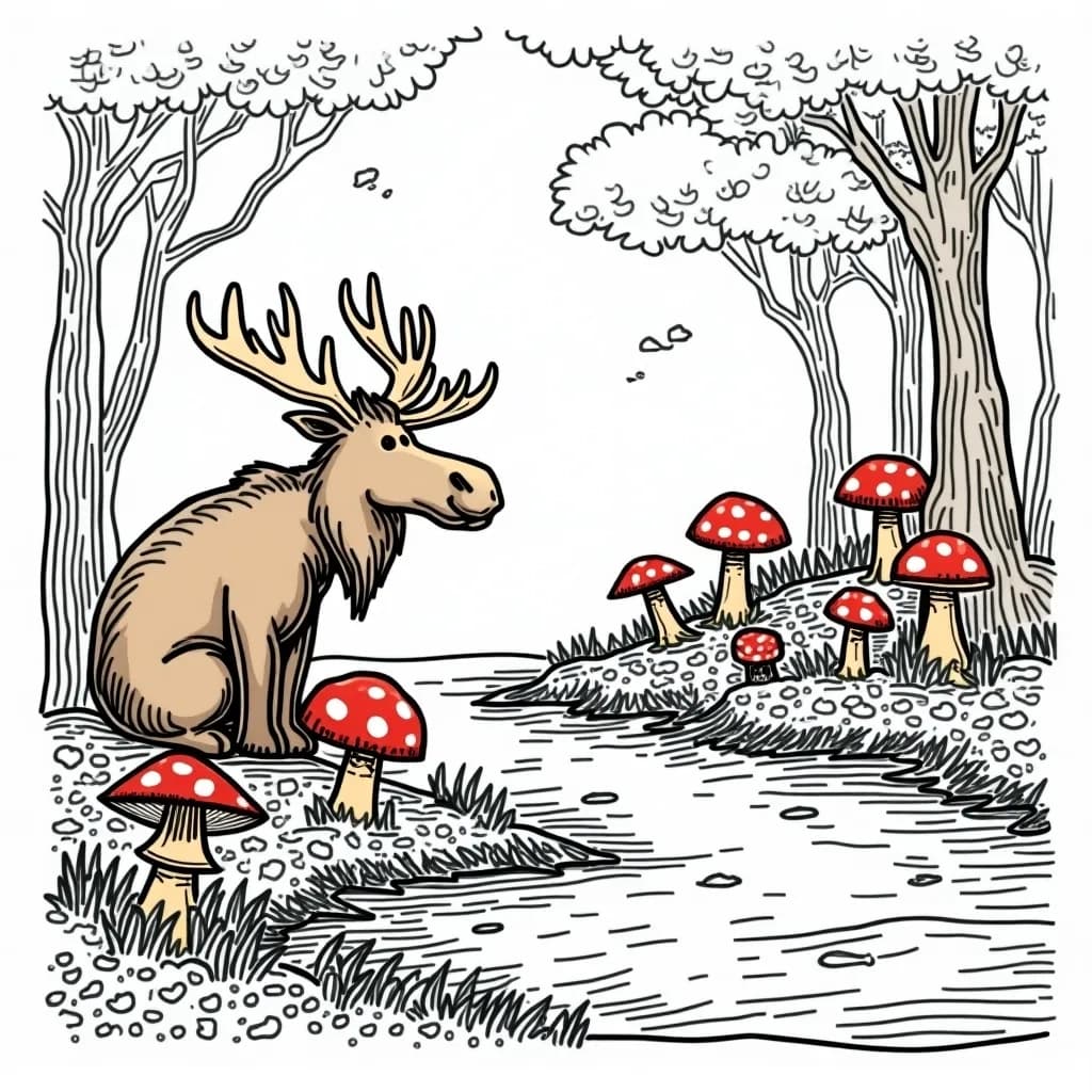 Coloring Page (colored): Moose watching Mushroom Parade - A curious moose sitting by a stream, watching a parade of mushrooms marching along, each dressed up in vibrant costumes, showcasing all colors of the rainbow.