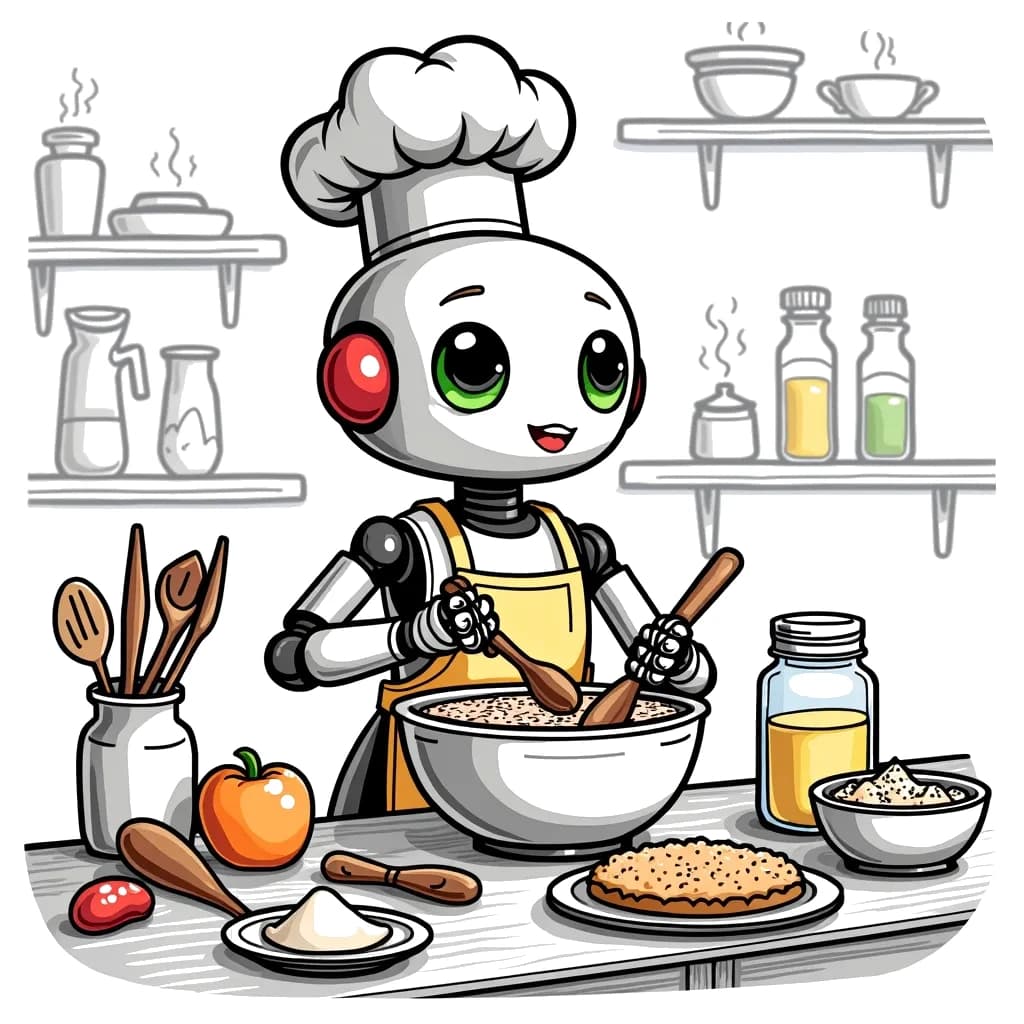 Coloring Page (colored): Robot Chef Baking - A cute robot chef wearing a chef's hat and apron, mixing ingredients in a large bowl on a countertop. Various baking tools and ingredients are spread out on the counter.