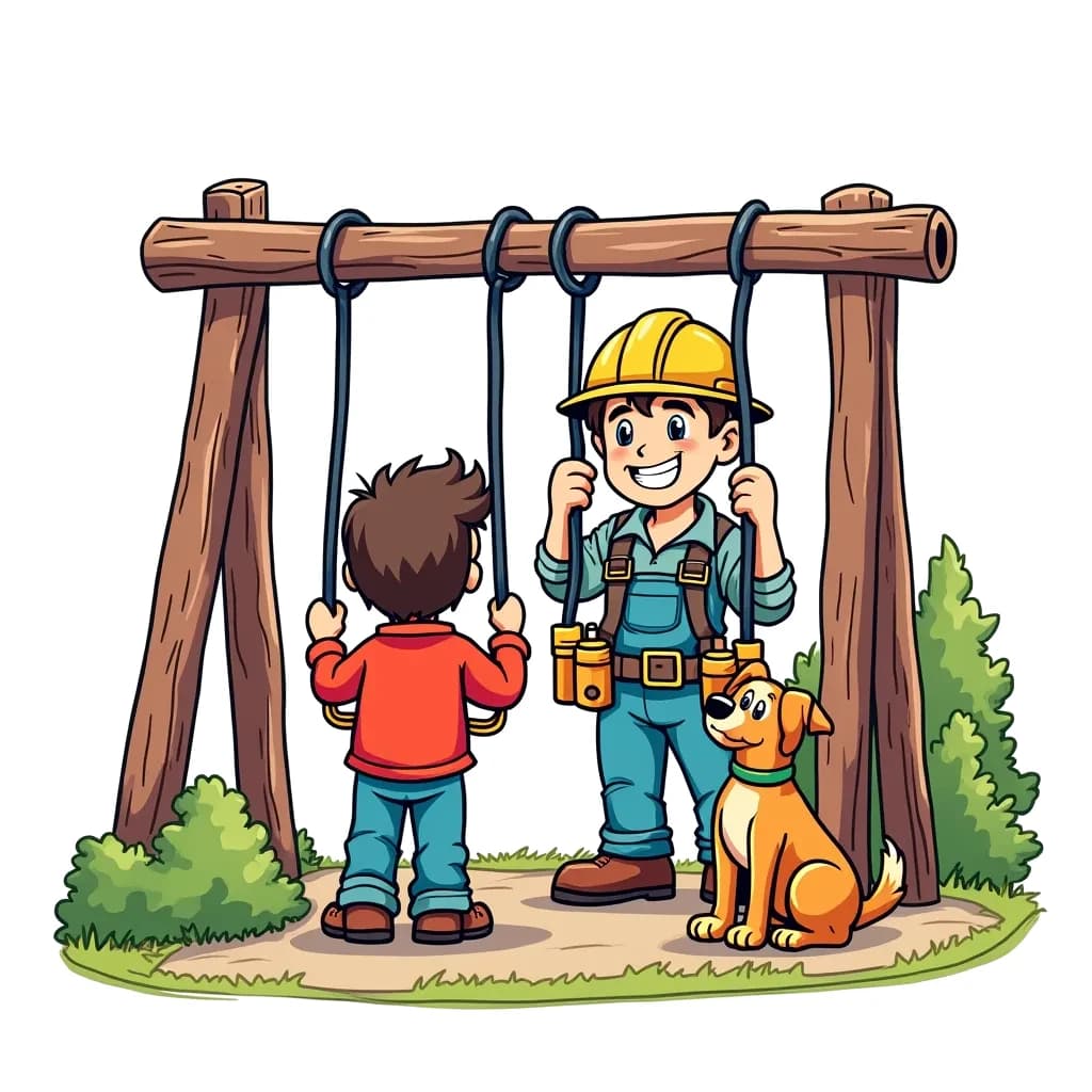 Coloring Page (colored): Electrician fixing a Playground - An electrician is happily repairing a playground swing set with bright tools. There are children waiting to play, and a friendly dog is watching curiously from the side.