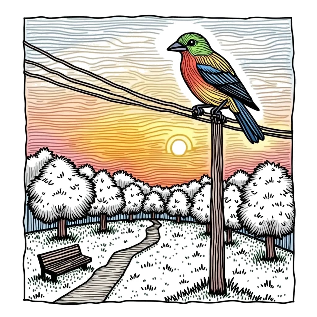 Coloring Page (colored): Sparrow on a Power Line - A sparrow sits on a power line, chirping while looking at a colorful sunset. Below, a small park can be seen with trees and benches where people might be walking.