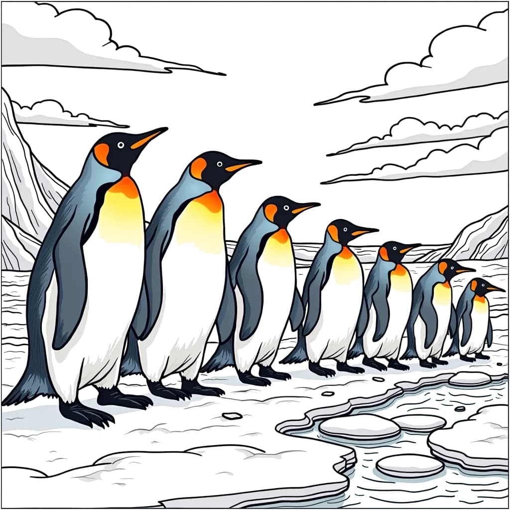 Coloring Page (colored): Penguin Parade - A playful group of penguins waddling across the ice, preparing for their annual march to the water for a swim.