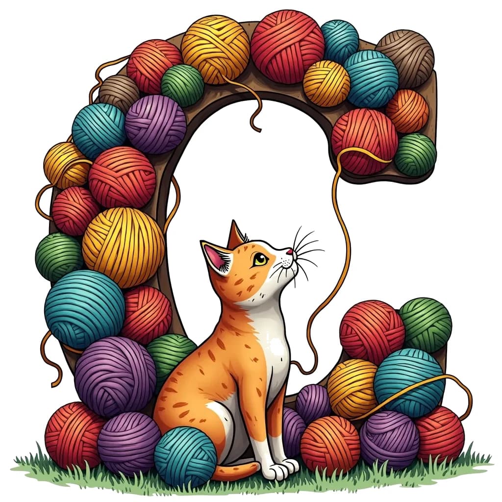 Coloring Page (colored): C and Cat - A large letter C surrounded by colorful yarn balls with a playful cat sitting beside it, trying to catch the yarn.