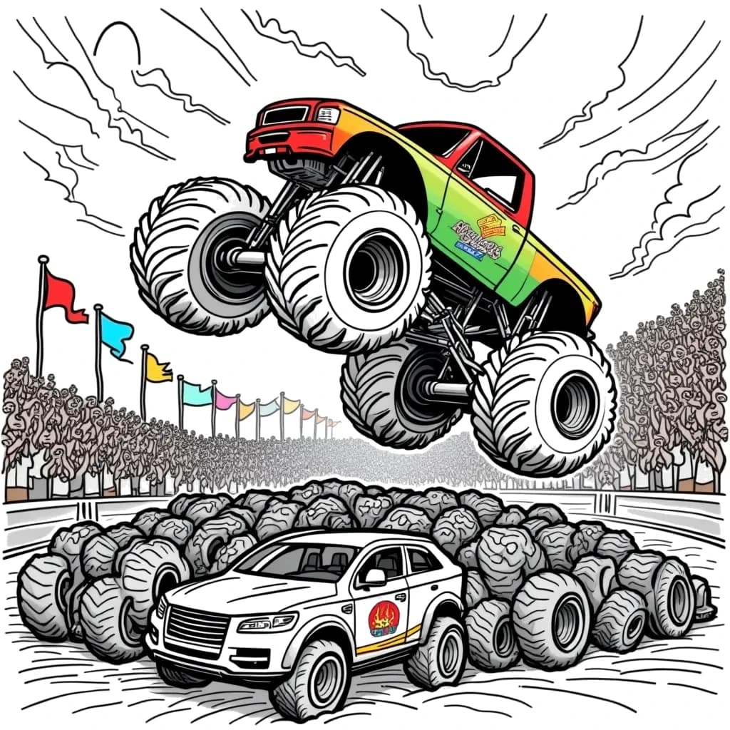 Coloring Page (colored): Monster Truck Show - A giant monster truck jumping over a pile of cars during a thrilling show. Fans in the audience are cheering, and colorful flags are flying in the background.