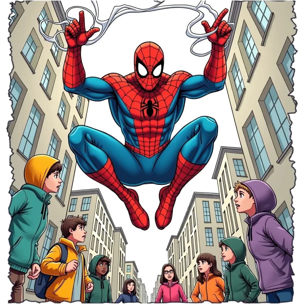 Coloring Page (colored): Webslinger in Action - A vibrant superhero with spider-like abilities swings between tall buildings, shooting webs from his hands. Below, startled pedestrians look up in amazement as he swings overhead.