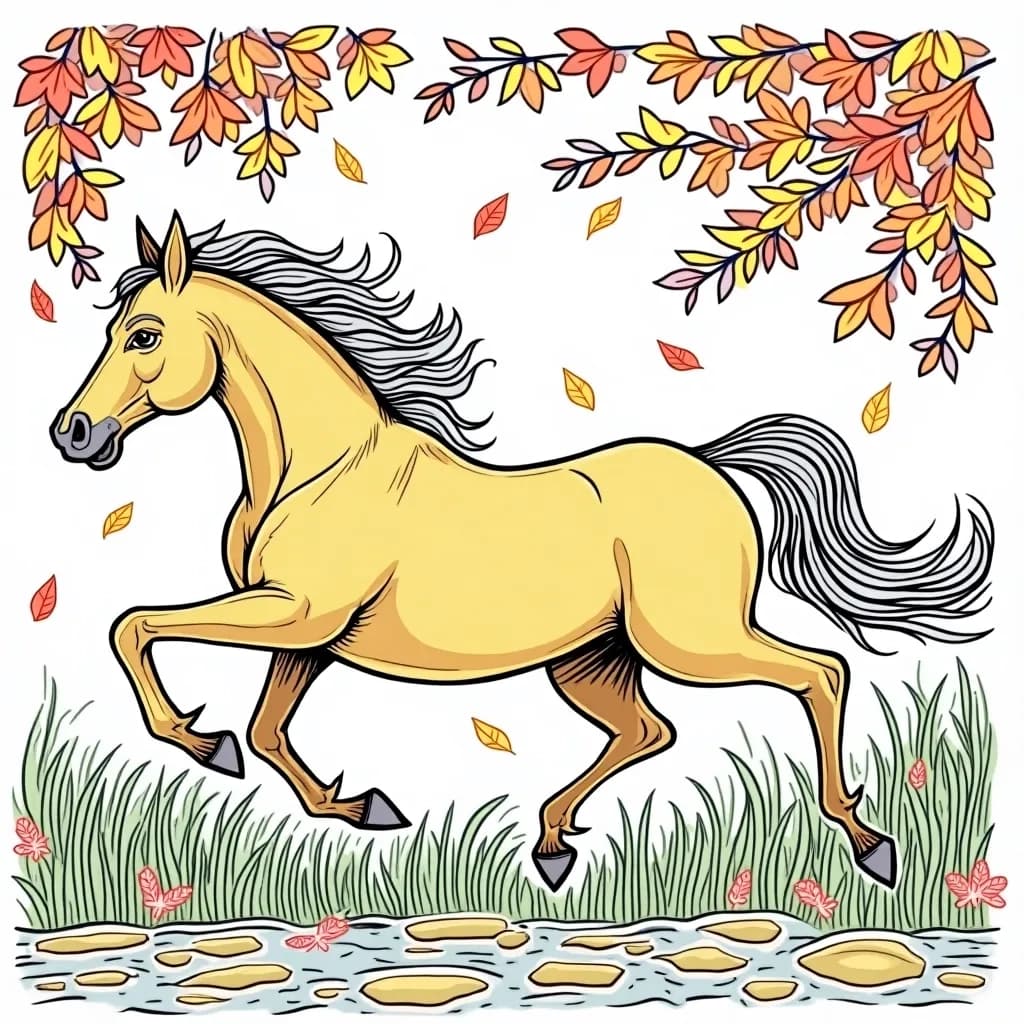 Coloring Page (colored): Horse of the Autumn Leaves - A spirited horse jumping through a sea of autumn leaves, with colors ranging from crimson reds to golden yellows, and a soft, warm sun illuminating the scene.