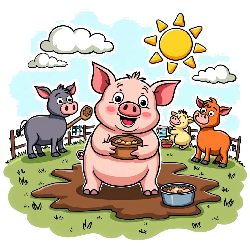 Coloring Page (colored): Mud Pie Party - A friendly pig is having fun in a sunny field, covered in mud as it hosts a funny mud pie-making contest with other farm animals.