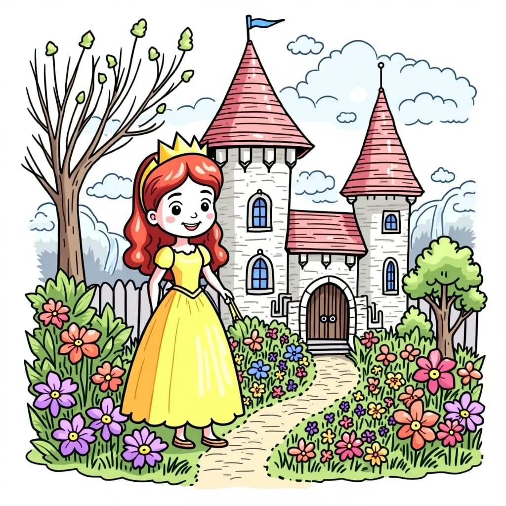 Coloring Page (colored): Castle Garden Princess - A joyful princess tending to her beautiful garden in a castle, surrounded by blooming flowers of every color and a quaint stone pathway.