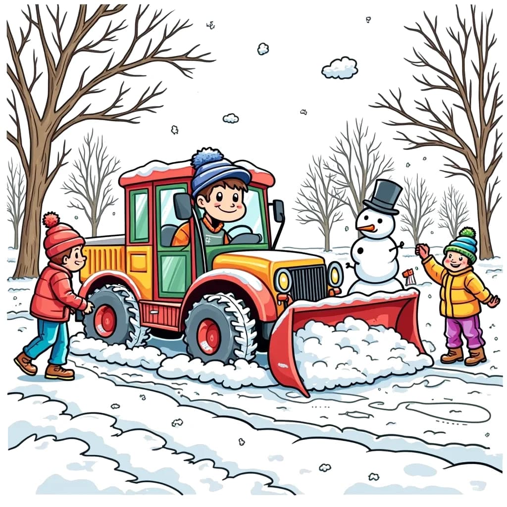 Coloring Page (colored): Snowplow Clearing a Winter Path - A cheerful snowplow driver clears a path in a snowy park as children build snowmen nearby, throwing snowballs and enjoying the winter wonderland.