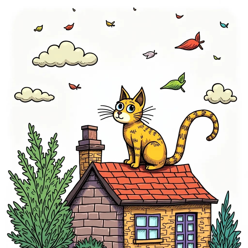 Coloring Page (colored): Rooftop Leaf Collection - A quirky scene of a cat perched on a rooftop, observing a cascade of leaves swirling around in the crisp autumn air.