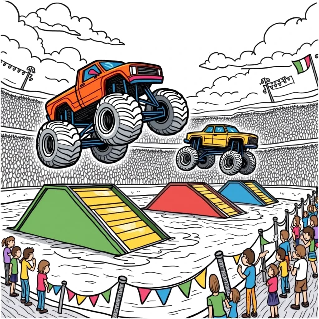 Coloring Page (colored): Monster Truck Rally - A thrilling monster truck rally takes place in a large arena. The monster trucks are doing flips and jumps over colorful ramps while excited kids cheer from the sidelines. Balloons and flags add to the fun atmosphere!