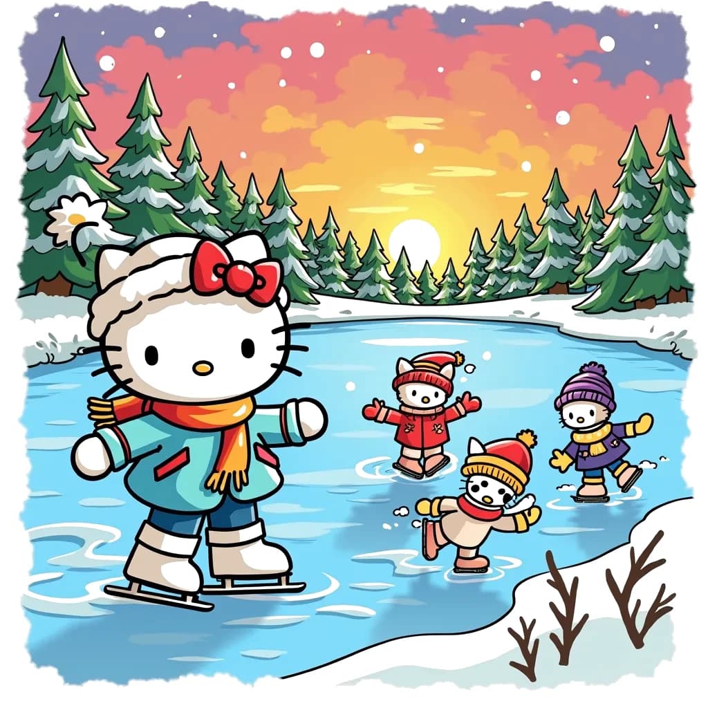 Coloring Page (colored): Hello Kitty's Ice Skating Adventure - In this scene, Hello Kitty is ice skating on a frozen pond surrounded by pine trees covered in snow. The pond has a shimmering blue surface reflecting the colorful skies at sunset, with oranges and purples mingling. Hello Kitty is wearing a light blue coat with a fluffy white hat and skates, happily gliding across the ice. Friends are cheering her on with colorful scarves and mittens, adding pops of red and yellow to the scene.