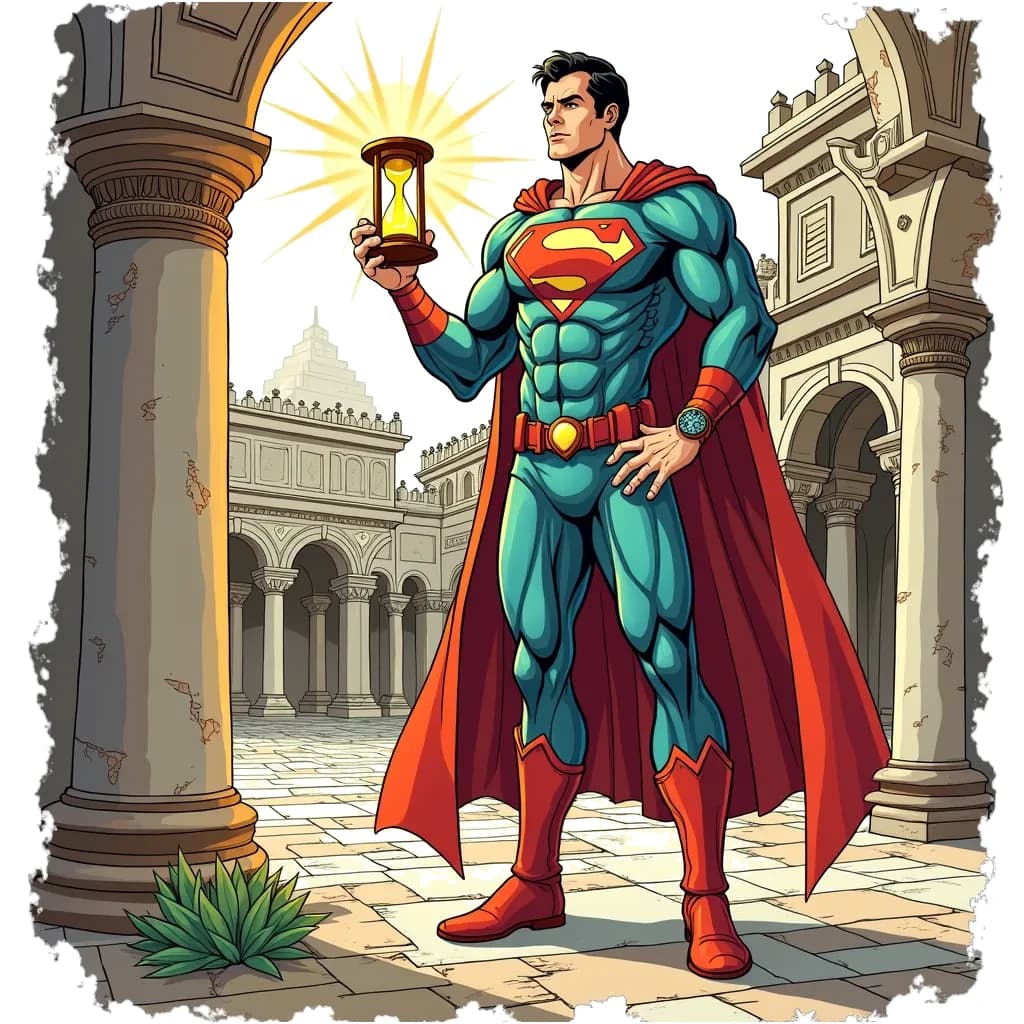 Coloring Page (colored): The Time Traveler - A caped superhero with a watch on his wrist stands in an ancient setting, holding a glowing hourglass. He looks determined as he prepares to change an event in history.