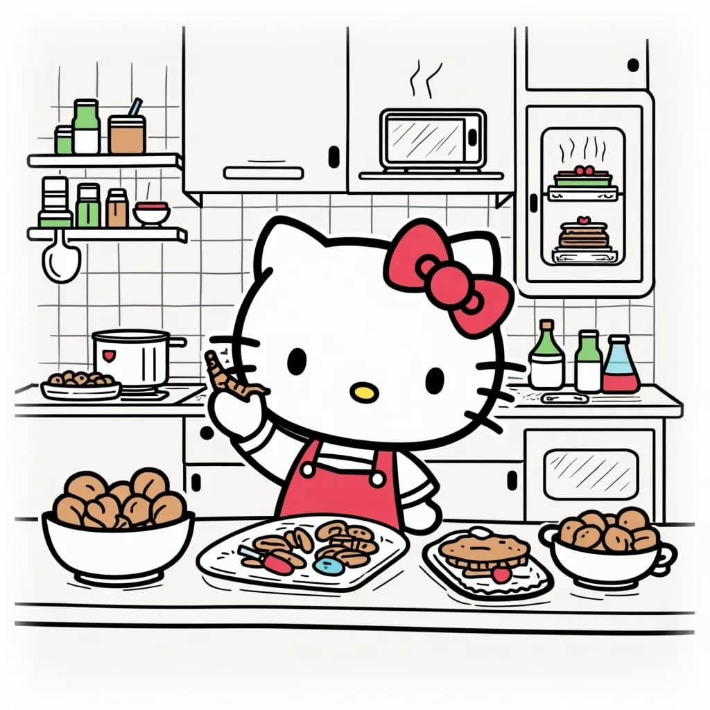 Coloring Page (colored): Hello Kitty in Cooking Class - Hello Kitty baking cookies in a cheerful kitchen classroom, with colorful bowls and sprinkles scattered everywhere.