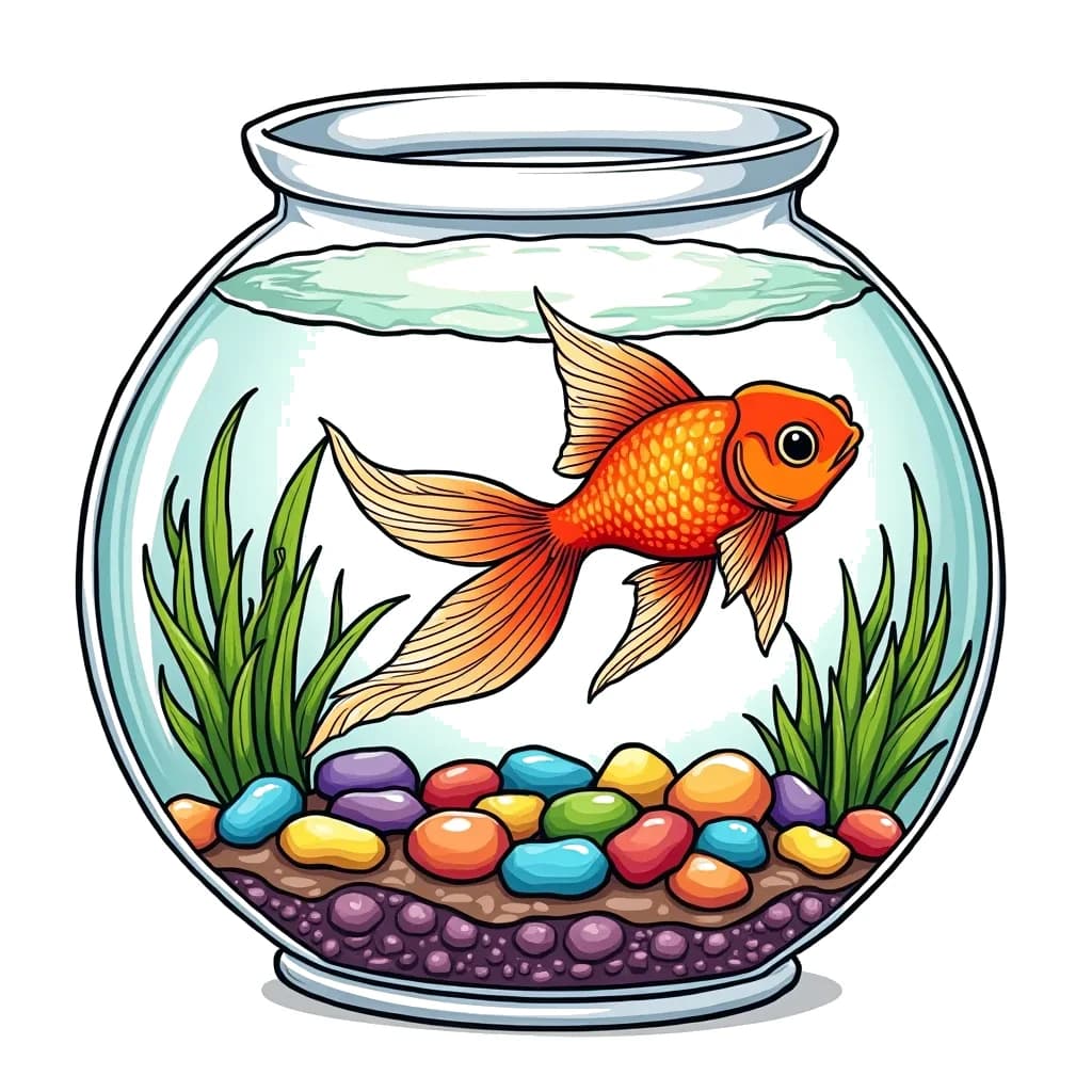 Coloring Page (colored): Goldfish in a Bowl - A vibrant goldfish swims energetically in a beautifully decorated fishbowl filled with colorful pebbles and aquatic plants, creating a lively underwater scene.