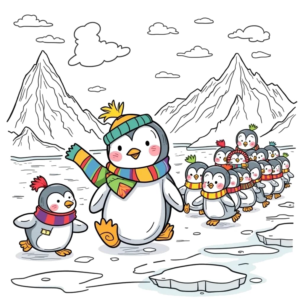 Coloring Page (colored): Penguin Parade - A cheerful penguin wearing a colorful scarf leads a group of small penguins in a waddling parade across the ice, with snowy mountains in the background and playful seals watching.