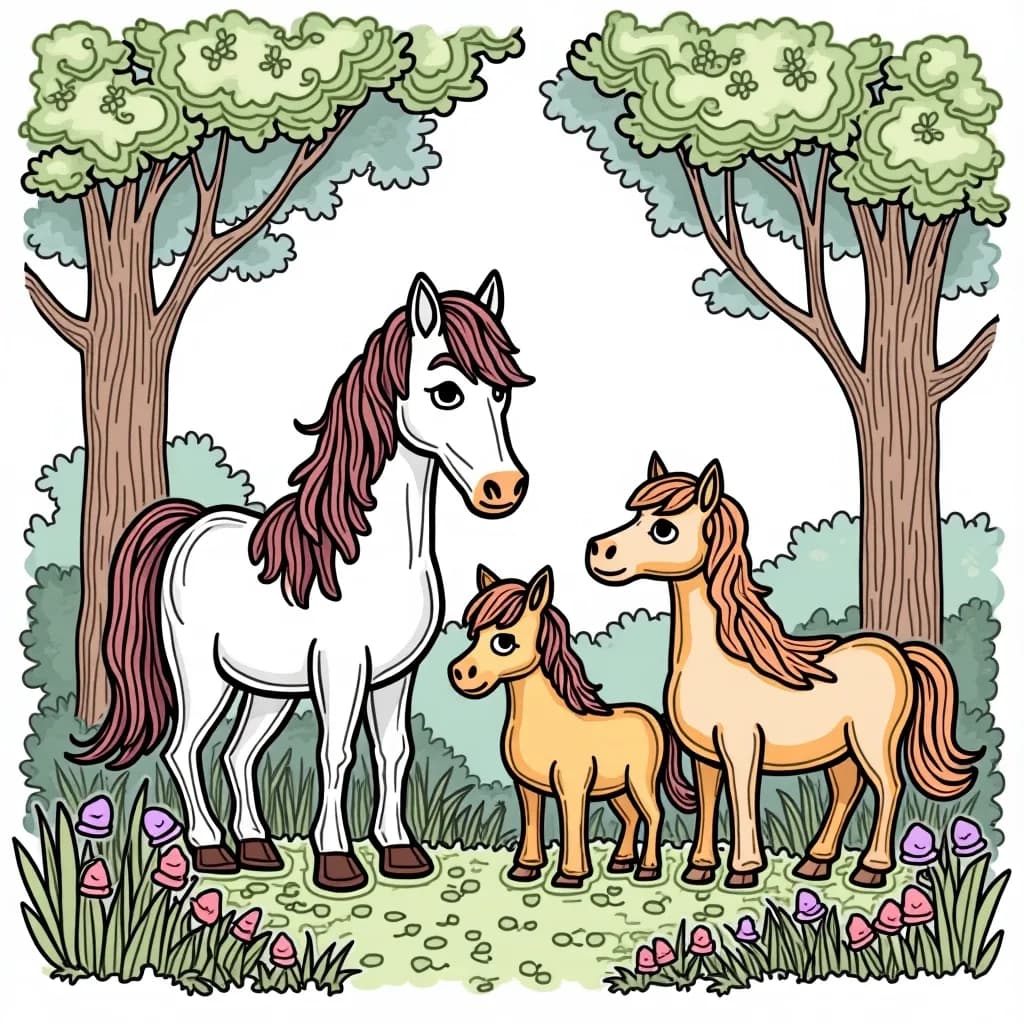 Coloring Page (colored): Woodland Horse Family - A cozy woodland scene with a horse family—a foal, a mare, and a stallion—resting together under a big tree surrounded by colorful critters and flowers.